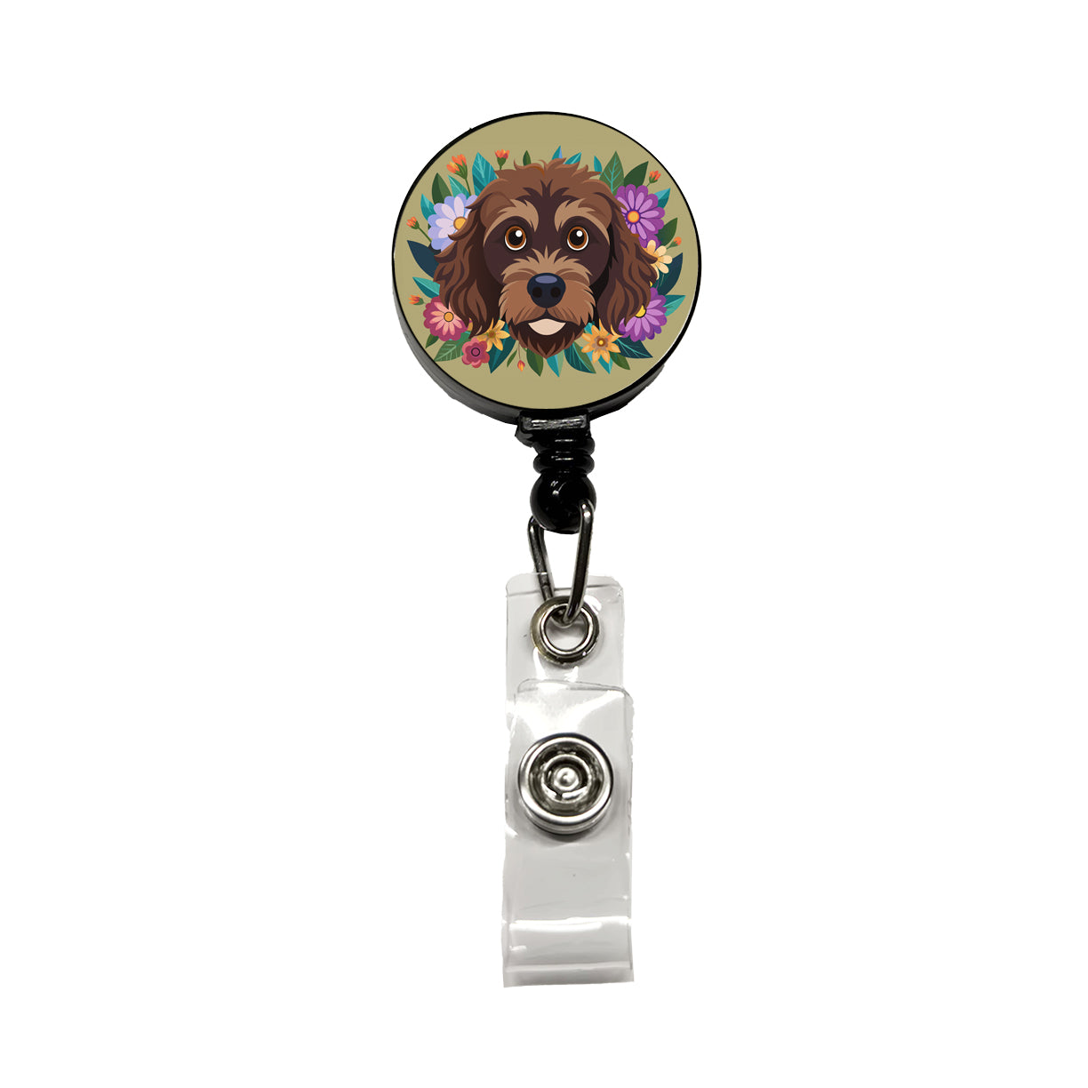 Brown Labradoodle Head Floral Motif Dog Cute Retractable ID Key Card Name Tag Badge Holder with Clip