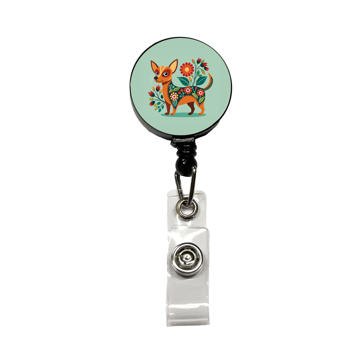 Chiweenie Floral Motif Cute Dog Retractable ID Key Card Name Tag Badge Holder with Clip