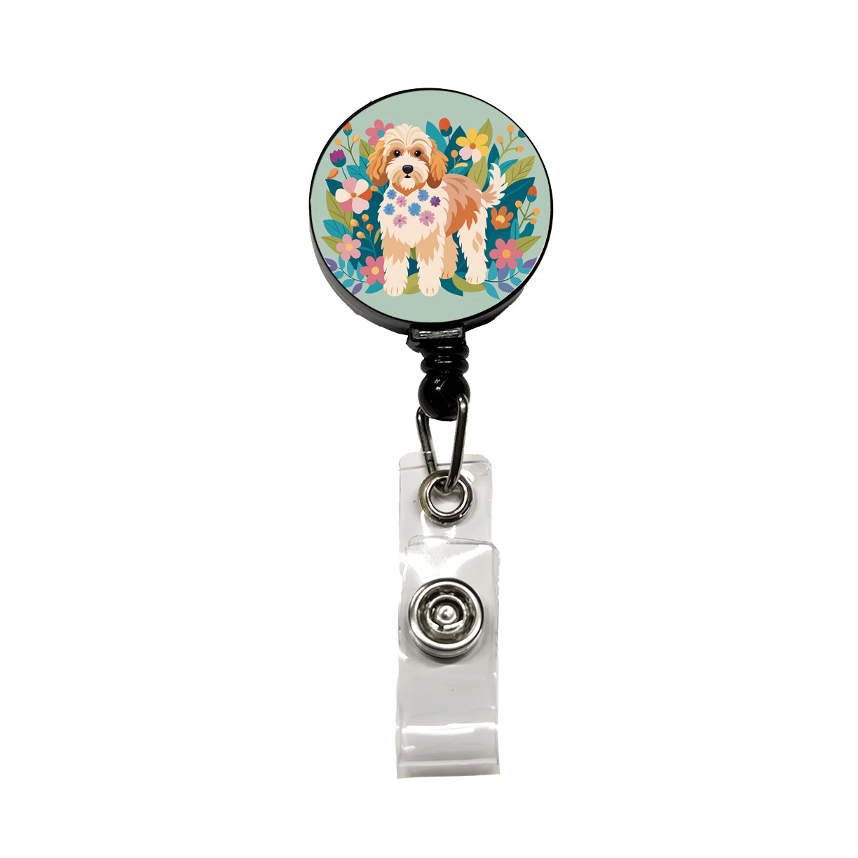 Cockapoo Floral Motif Dog Retractable ID Key Card Name Tag Badge Holder with Clip