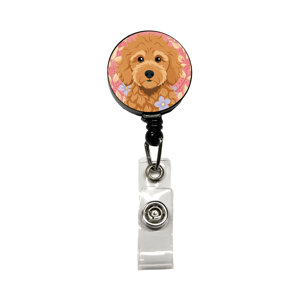 Golden Doodle Brown Head Floral Motif Pink Dog Retractable ID Key Card Name Tag Badge Holder with Clip