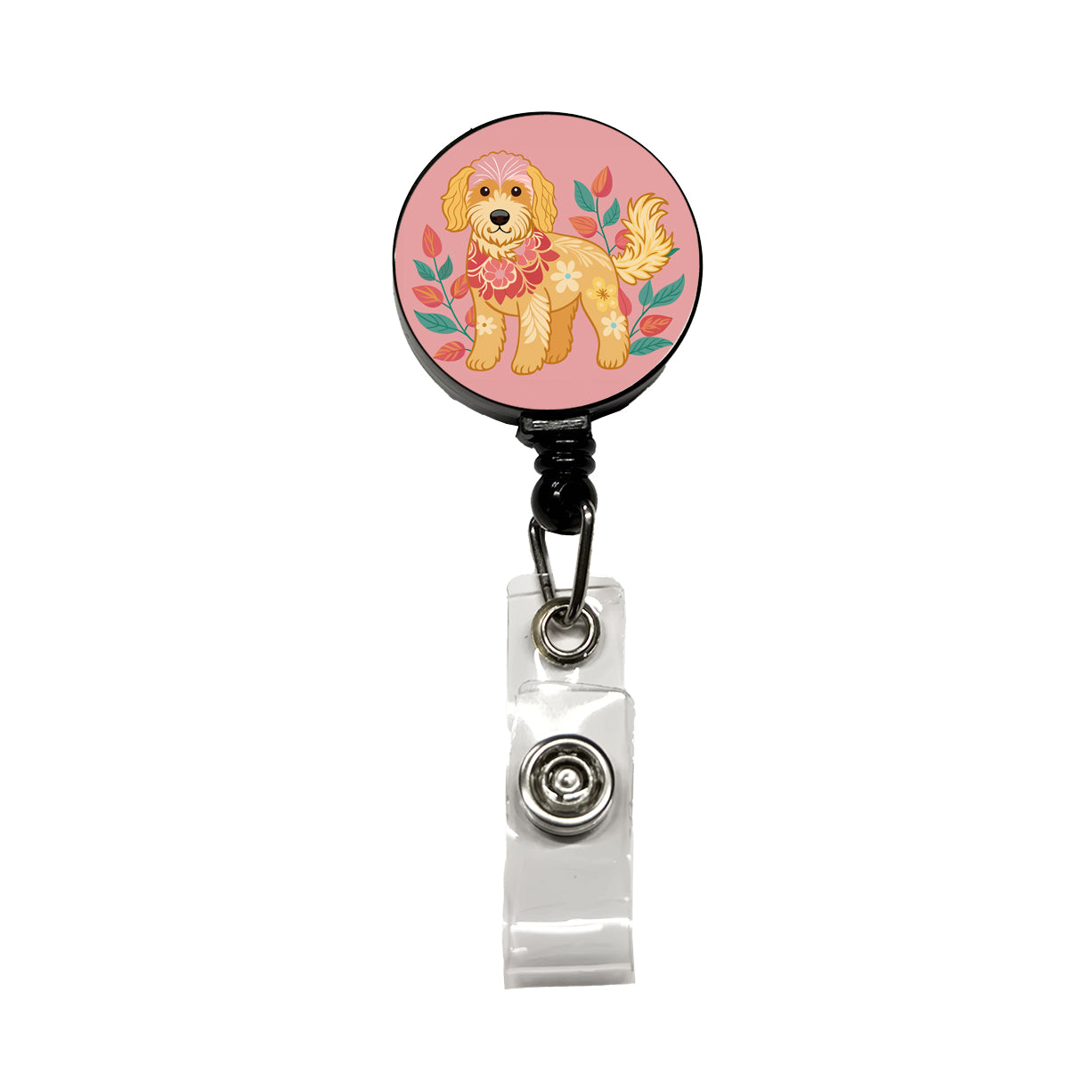Golden Doodle Floral Motif Pink Dog Retractable ID Key Card Name Tag Badge Holder with Clip
