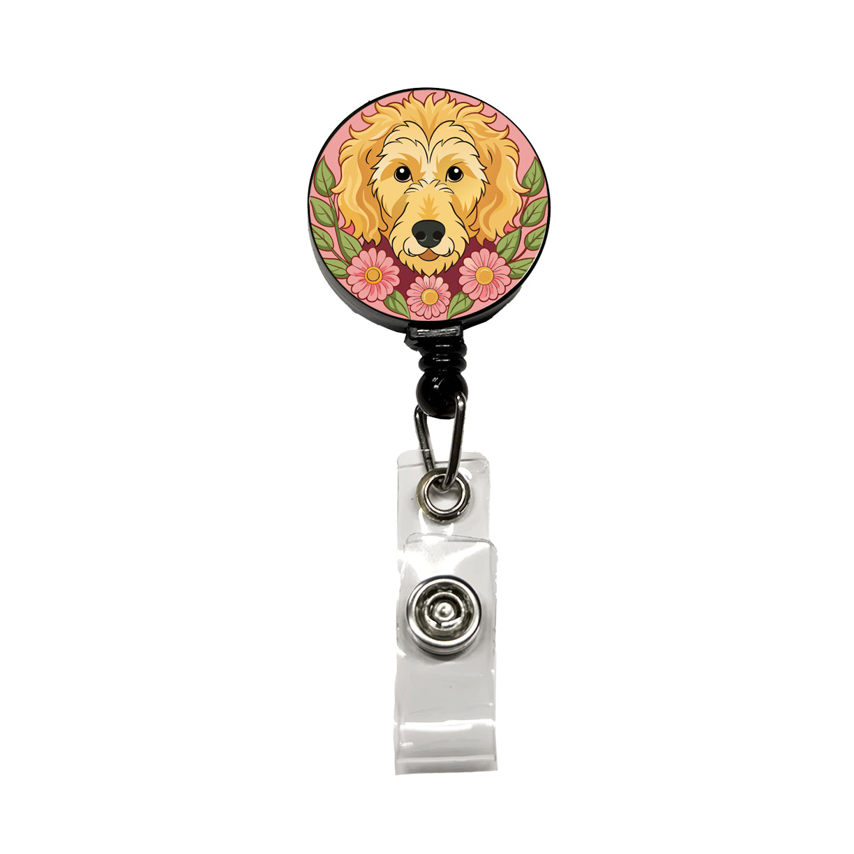 Golden Doodle Head Floral Motif Pink Dog Retractable ID Key Card Name Tag Badge Holder with Clip