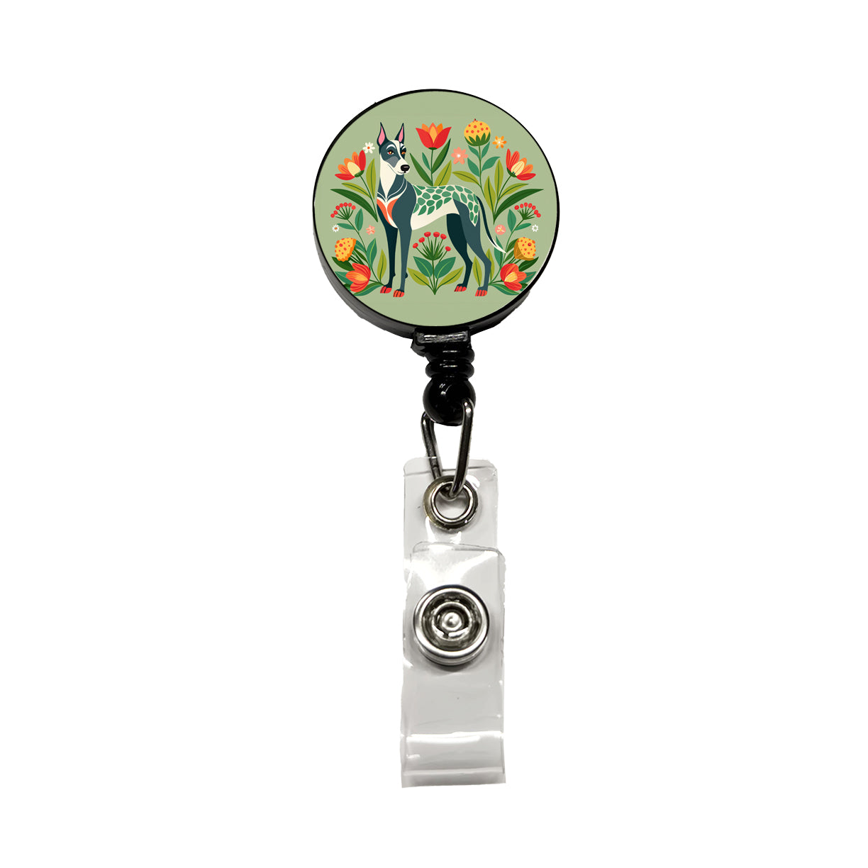 Great Dane Floral Motif Dog Standing Retractable ID Key Card Name Tag Badge Holder with Clip