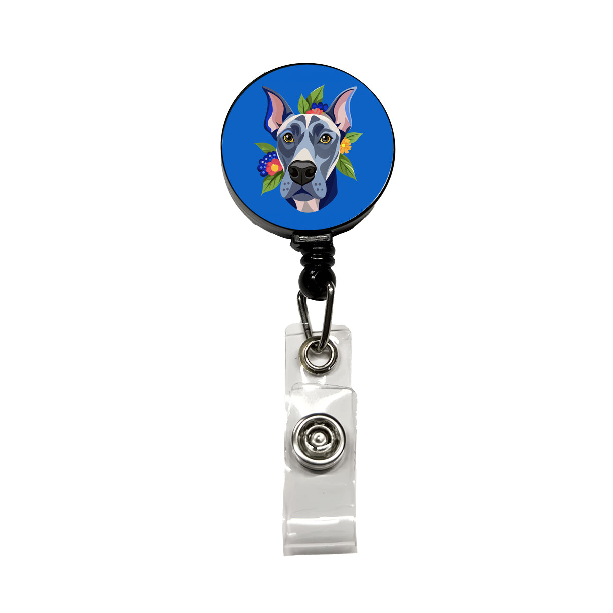 Great Dane Head Floral Motif Blue Dog Retractable ID Key Card Name Tag Badge Holder with Clip