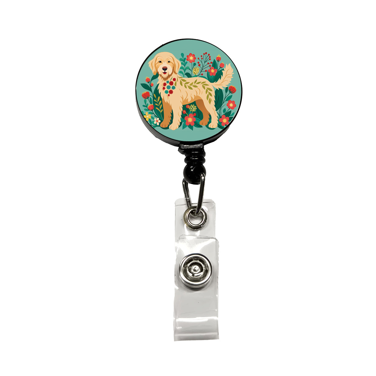 Labradoodle Floral Motif Tan Dog Retractable ID Key Card Name Tag Badge Holder with Clip