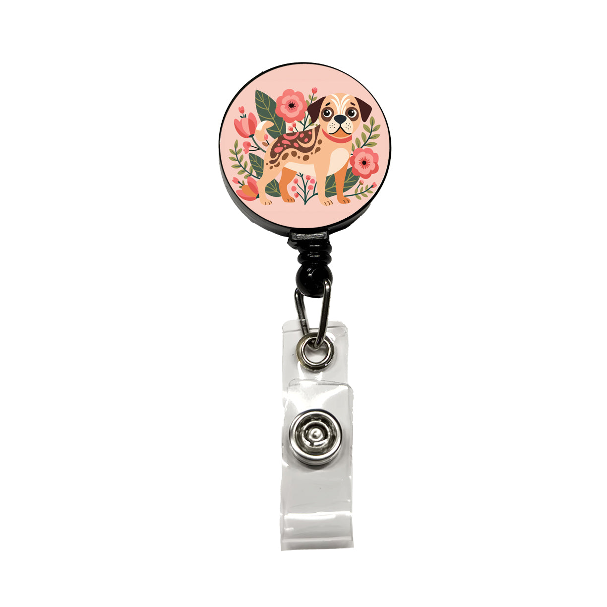 Puggle Floral Motif Pink Dog Retractable ID Key Card Name Tag Badge Holder with Clip