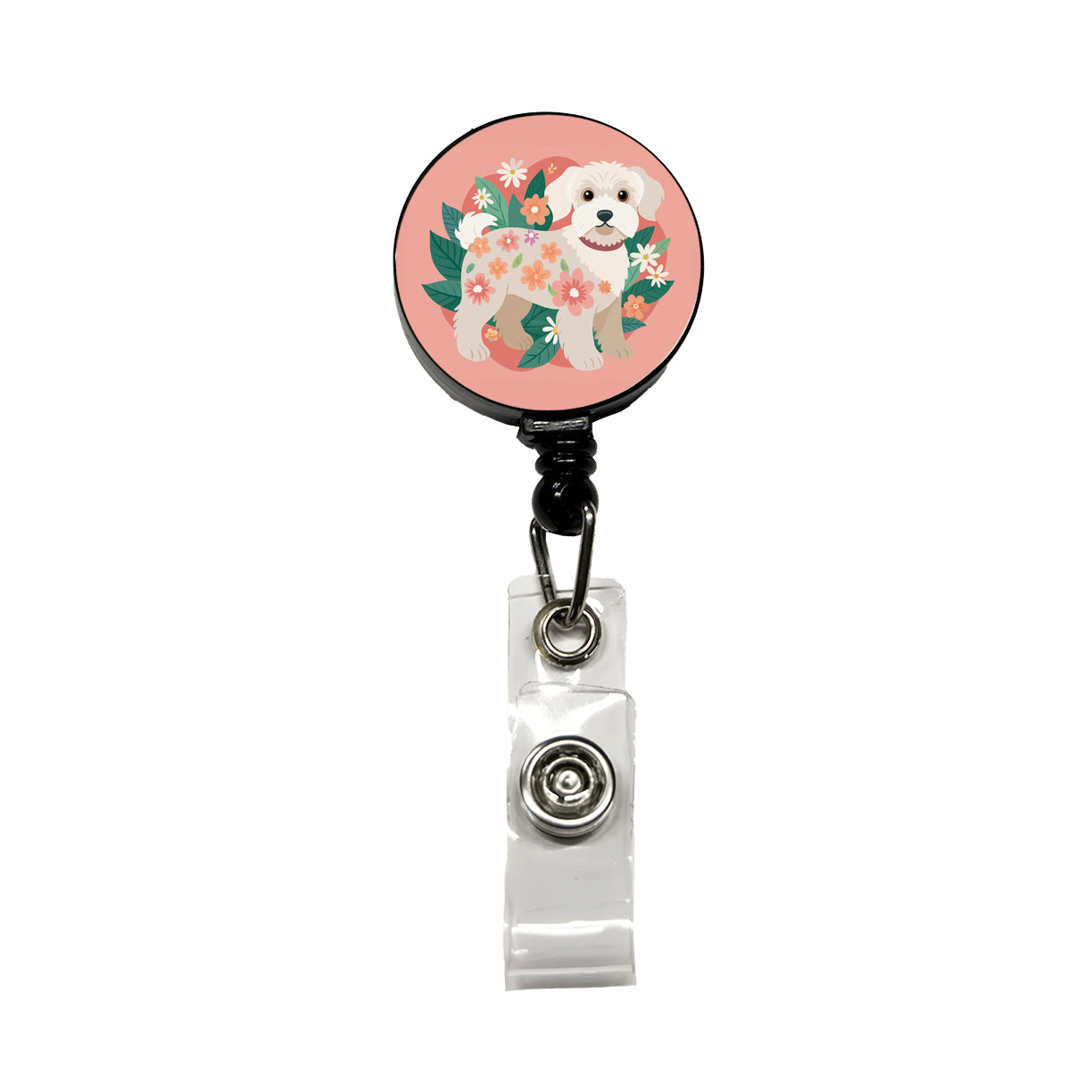 Schnoodle Floral Motif Cute Dog Retractable ID Key Card Name Tag Badge Holder with Clip