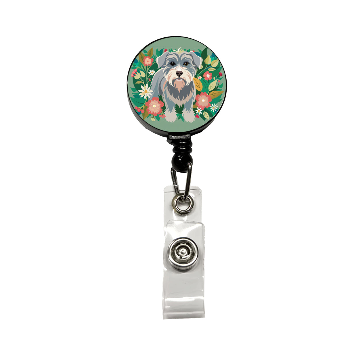 Schnoodle Floral Motif Green Dog Retractable ID Key Card Name Tag Badge Holder with Clip