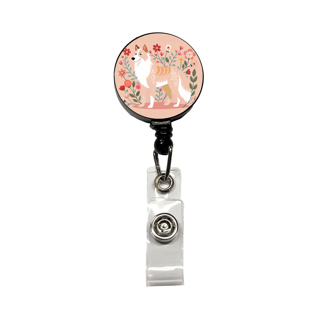 Siberian Retriever Floral Motif Dog Cute Retractable ID Key Card Name Tag Badge Holder with Clip