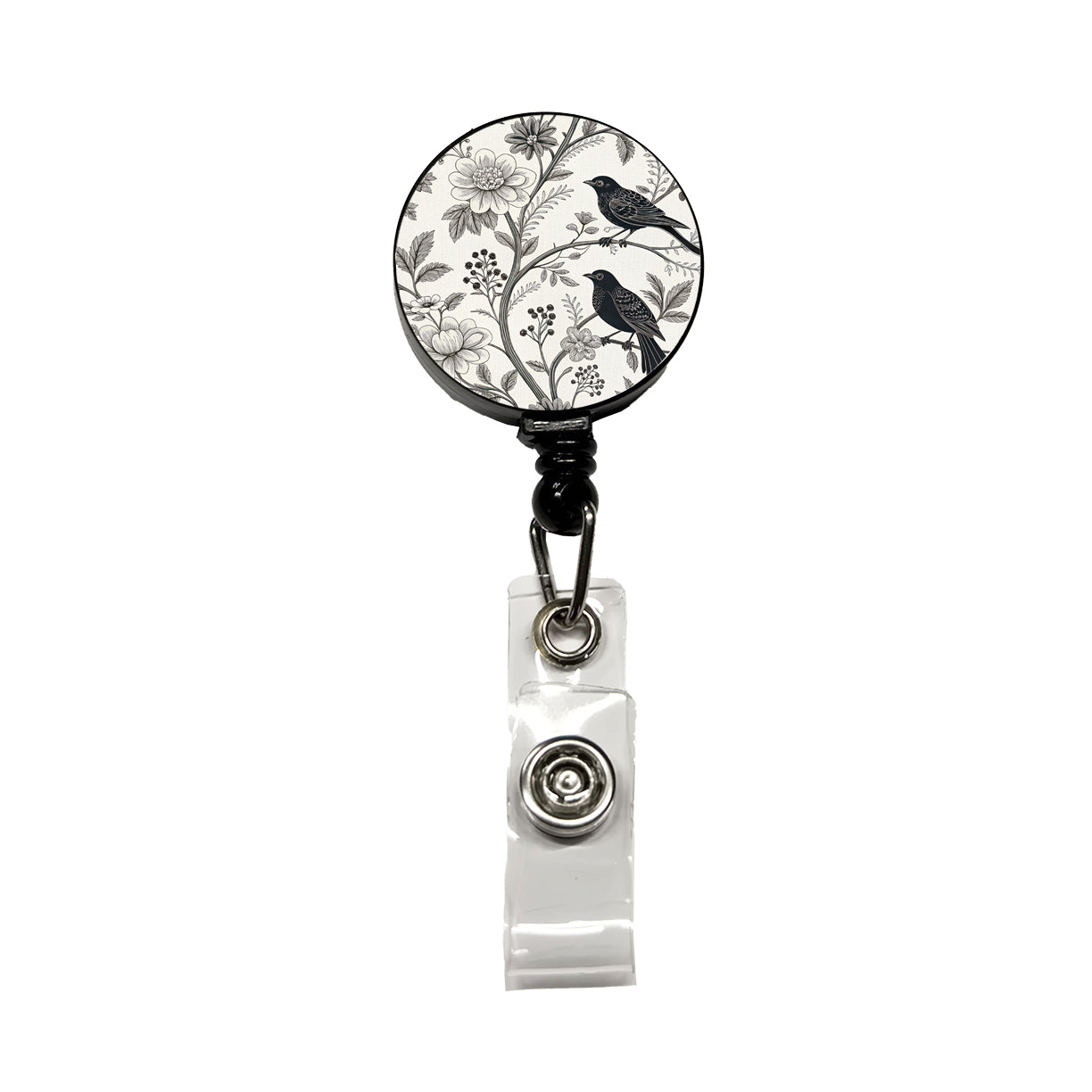 Black On White Toile With Birds Retractable ID Key Card Name Tag Badge Holder with Clip