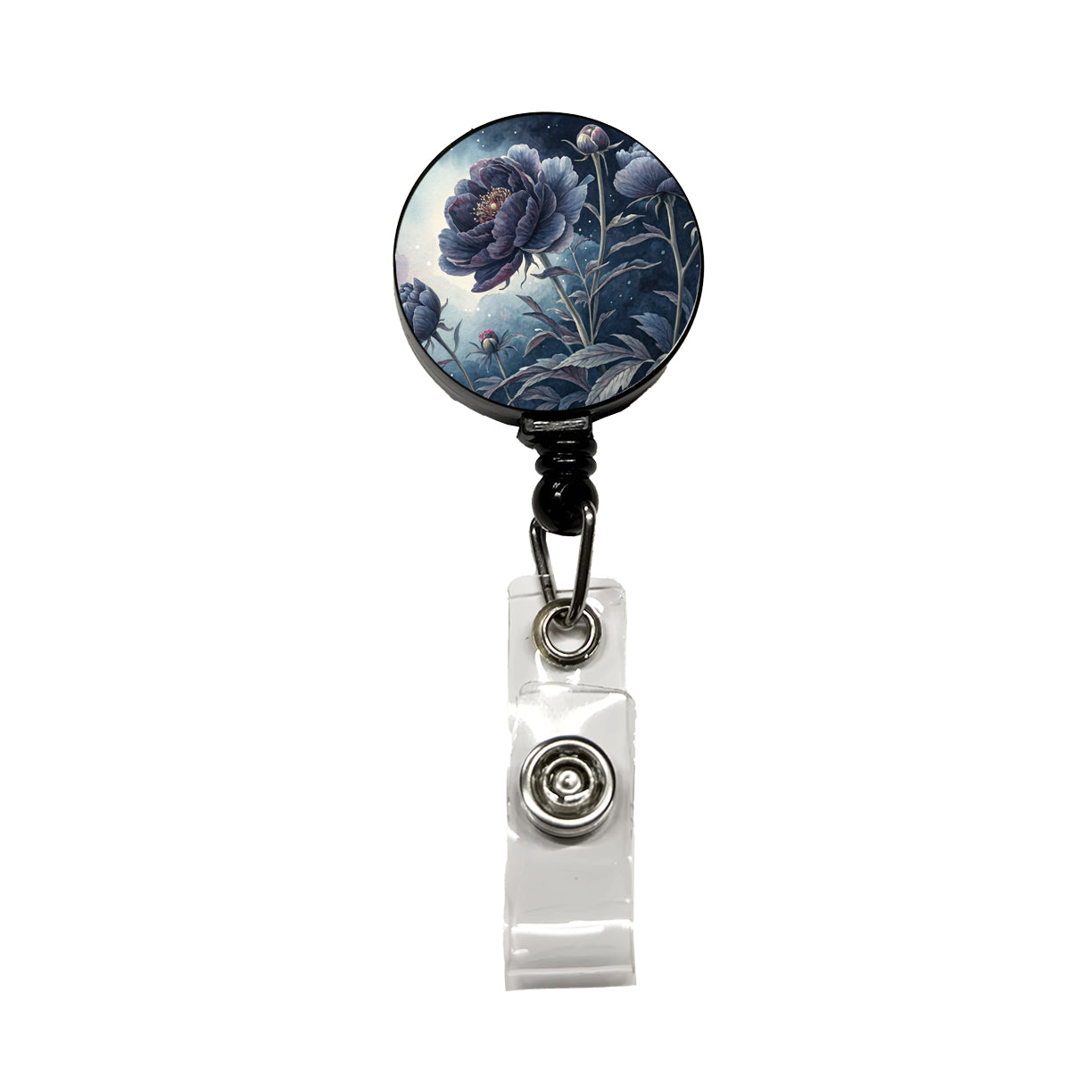 Black Peony Flowers Retractable ID Key Card Name Tag Badge Holder with Clip