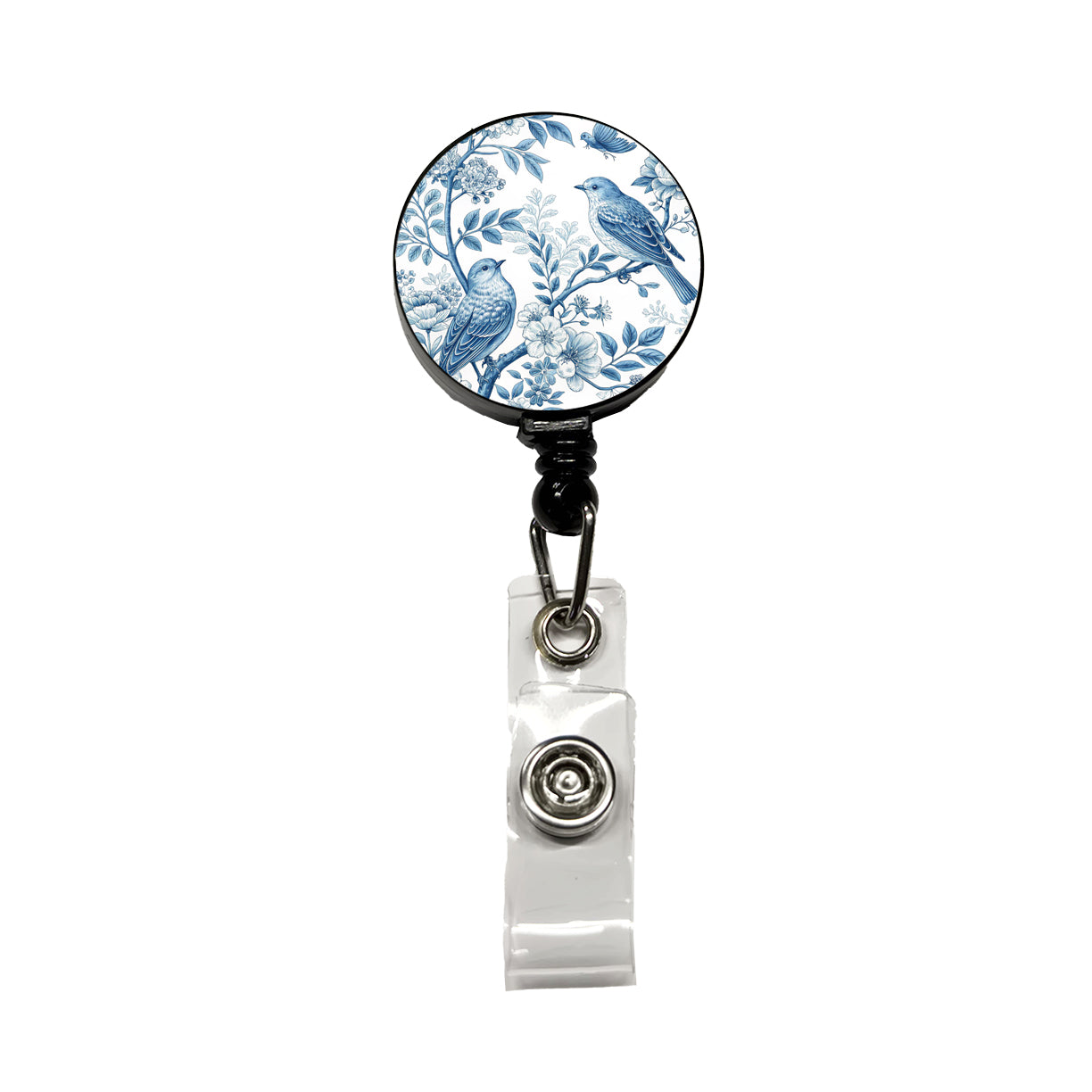 Blue On White Toile With Birds Retractable ID Key Card Name Tag Badge Holder with Clip