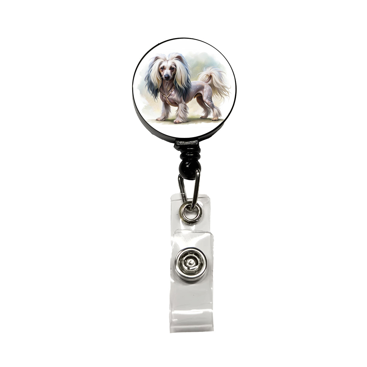 Chinese Crested Dog Illustration Retractable ID Key Card Name Tag Badge Holder with Clip