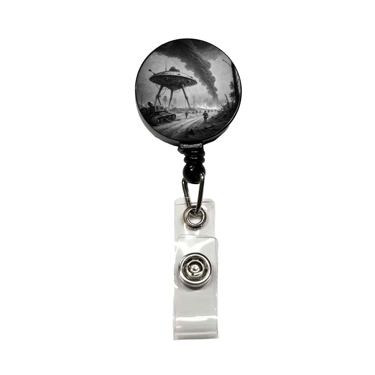 Martian Alien Invasion Tripod War Machine Retro Black and White Retractable ID Key Card Name Tag Badge Holder with Clip