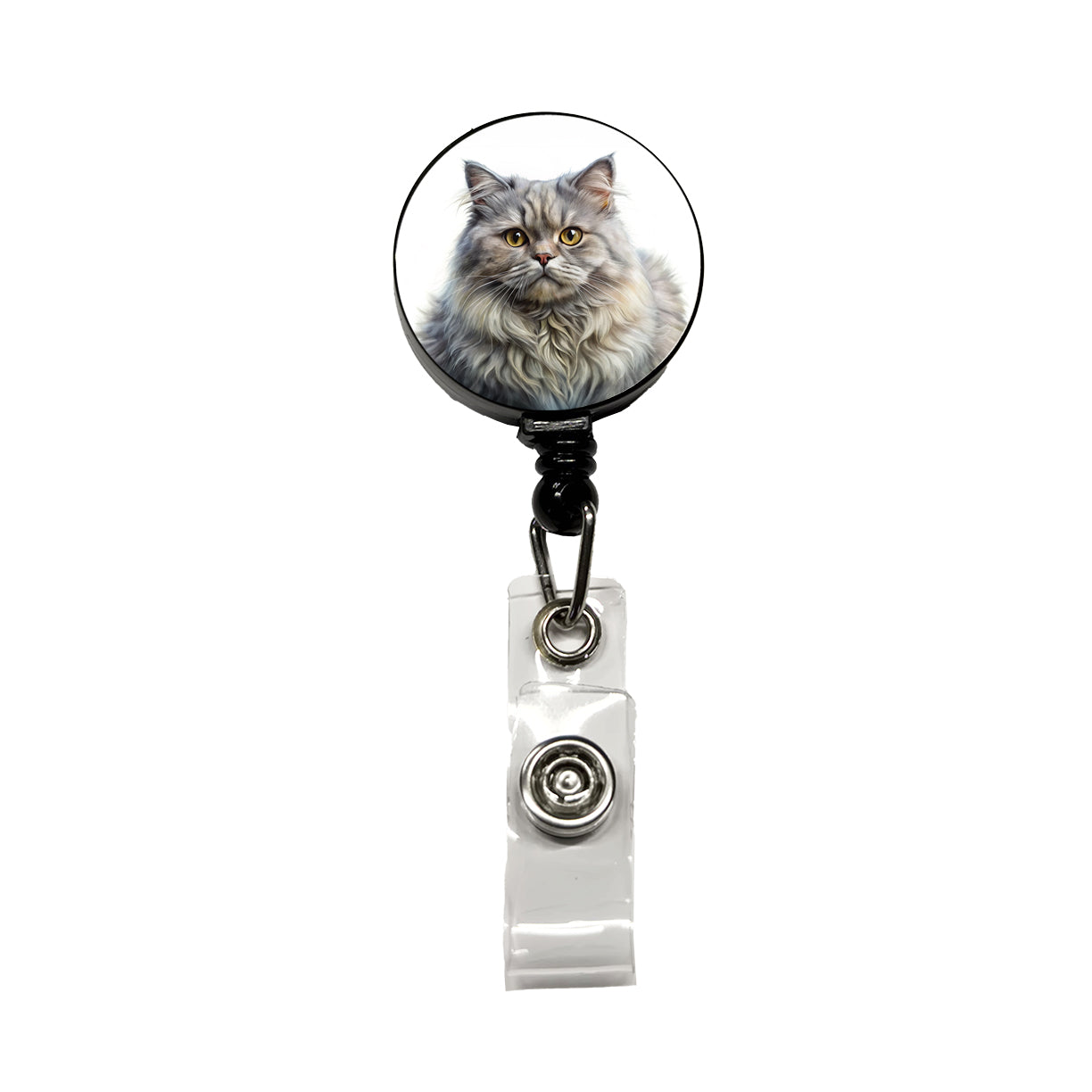 British Longhair Gray Cat Illustration Retractable ID Key Card Name Tag Badge Holder with Clip