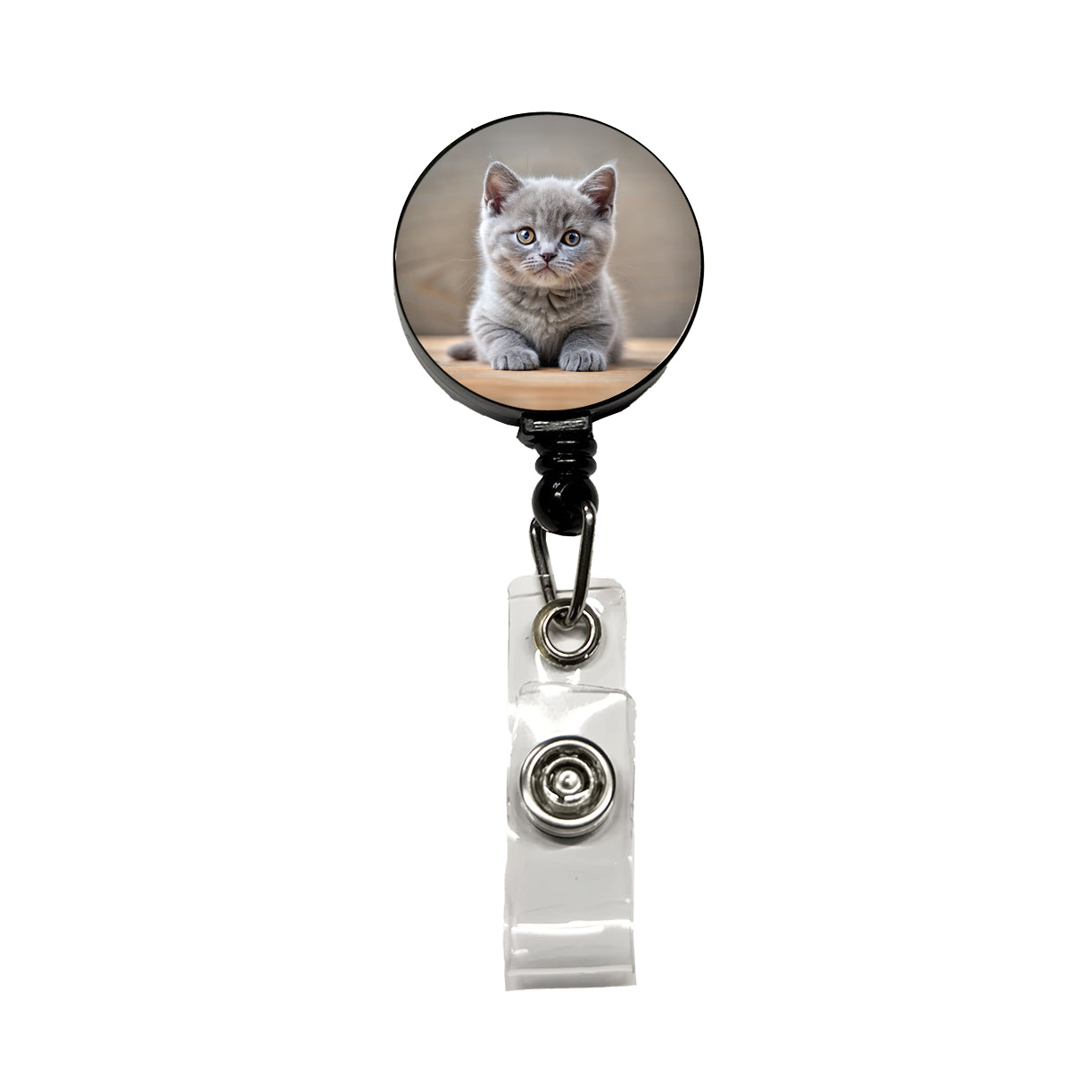 British Shorthair Gray Cat Kitten Photo Retractable ID Key Card Name Tag Badge Holder with Clip