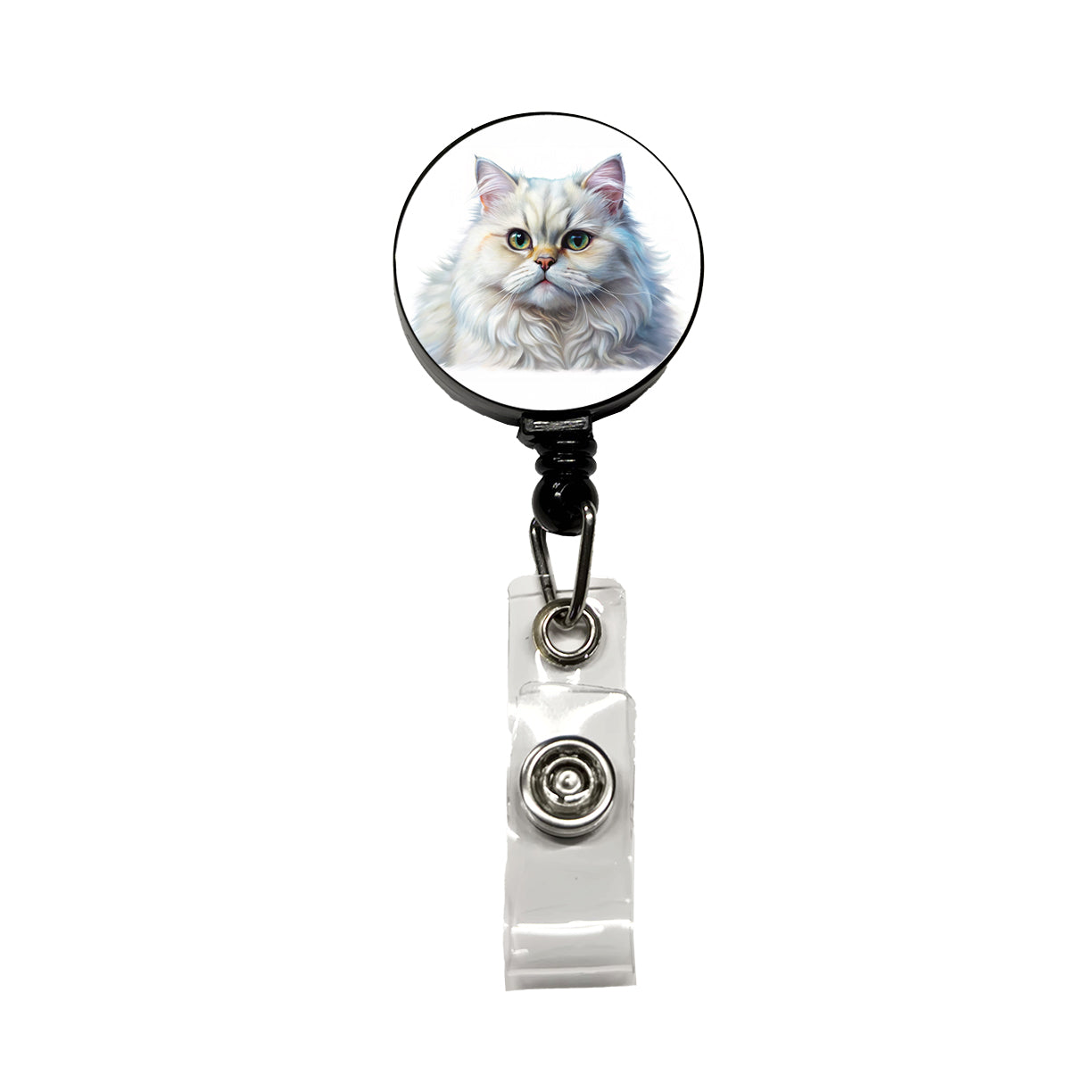 Classic Persian White Cat Illustration Retractable ID Key Card Name Tag Badge Holder with Clip