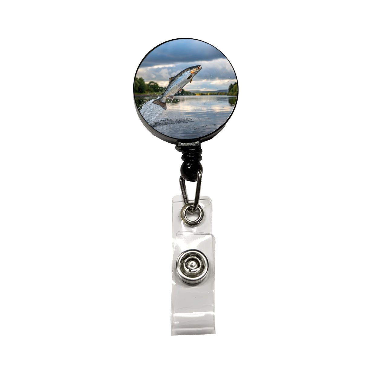 Atlantic Salmon Fish Jumping Fishing Retractable ID Key Card Name Tag Badge Holder with Clip