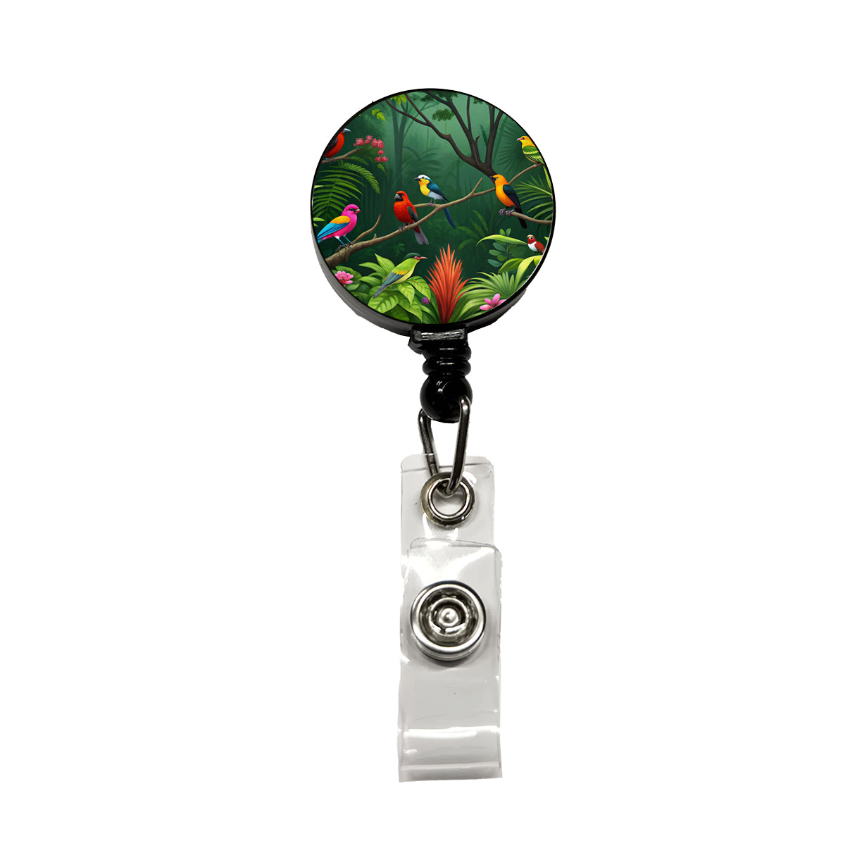 Birds In Jungle Trees Ferns Retractable ID Key Card Name Tag Badge Holder with Clip