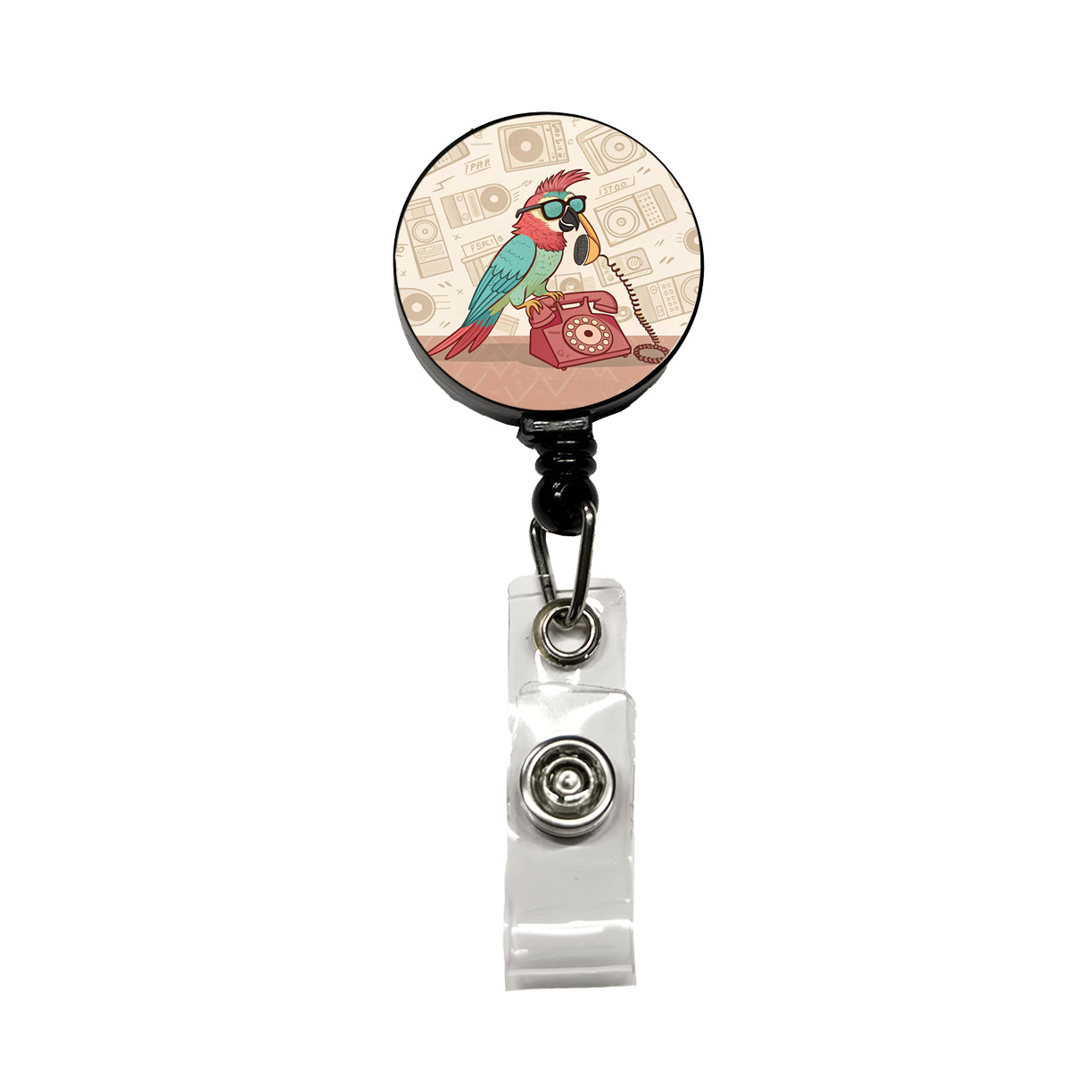 Cool Parrot Wearing Sunglasses Retro Illustration Retractable ID Key Card Name Tag Badge Holder with Clip