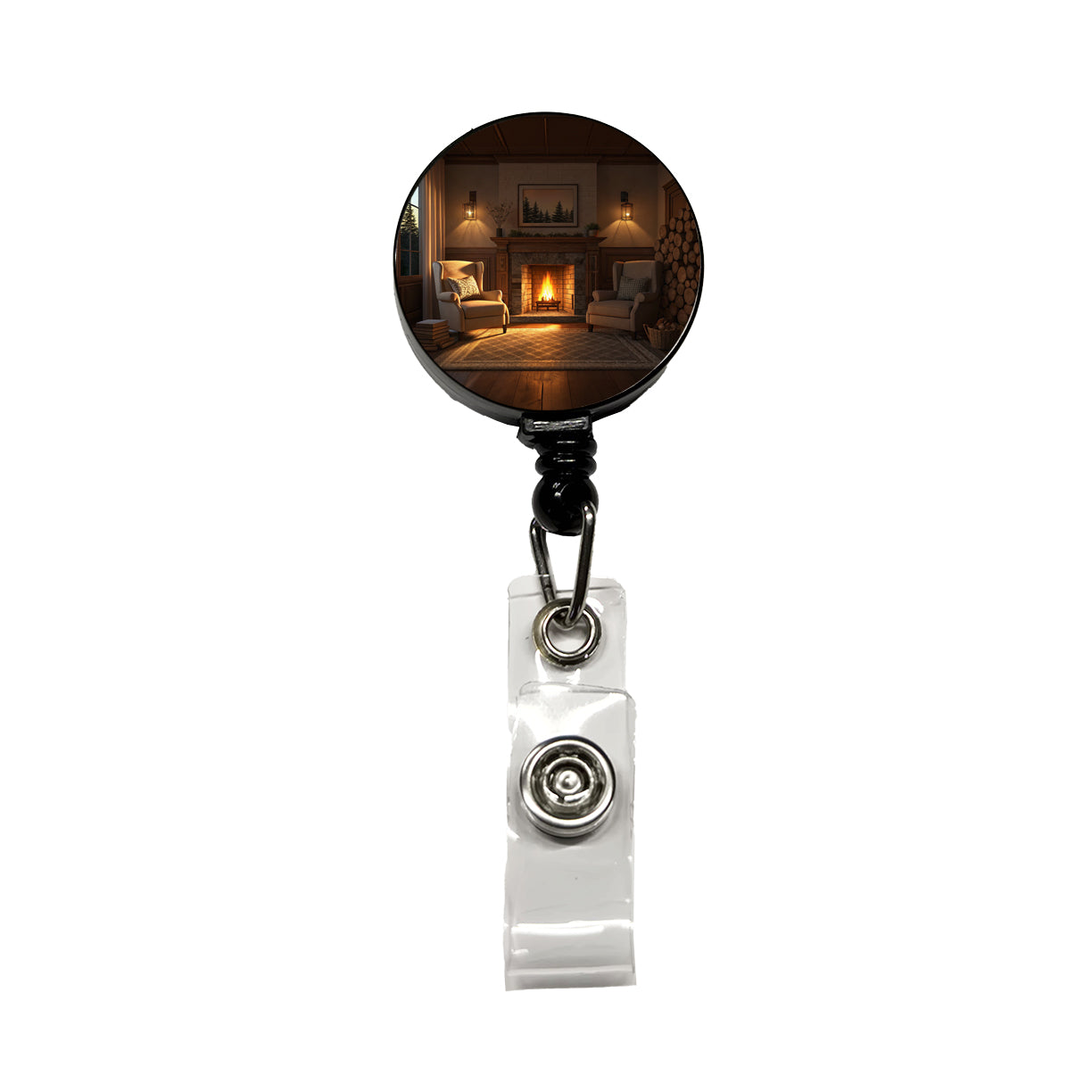 Cozy Fireplace Scene Retractable ID Key Card Name Tag Badge Holder with Clip
