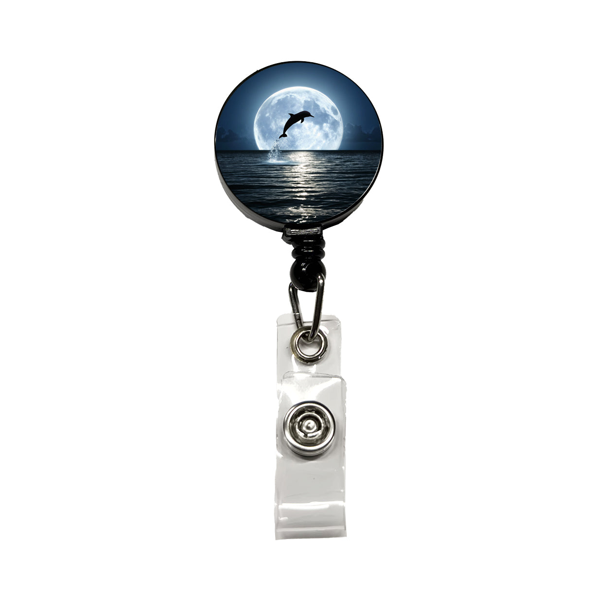 Dolphin Leaping Over Ocean Glowing Moon Retractable ID Key Card Name Tag Badge Holder with Clip