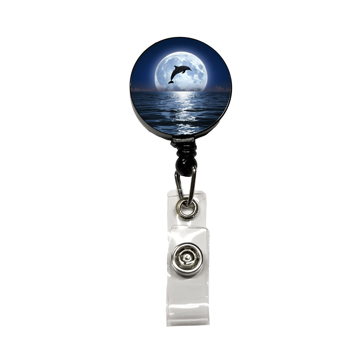 Dolphin Leaping Over Ocean Sea Full Moon Retractable ID Key Card Name Tag Badge Holder with Clip