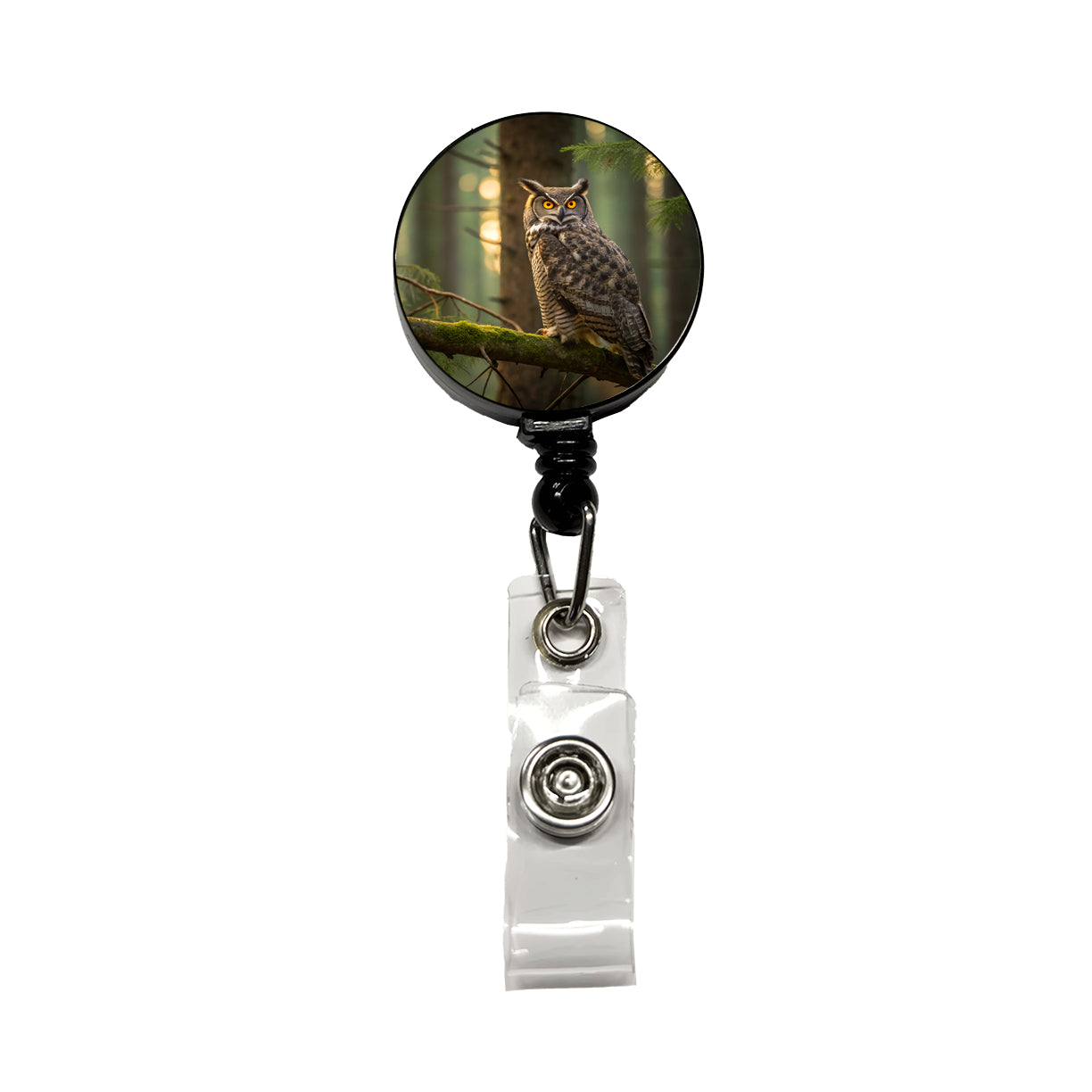 Great Horned Owl On Branch Retractable ID Key Card Name Tag Badge Holder with Clip