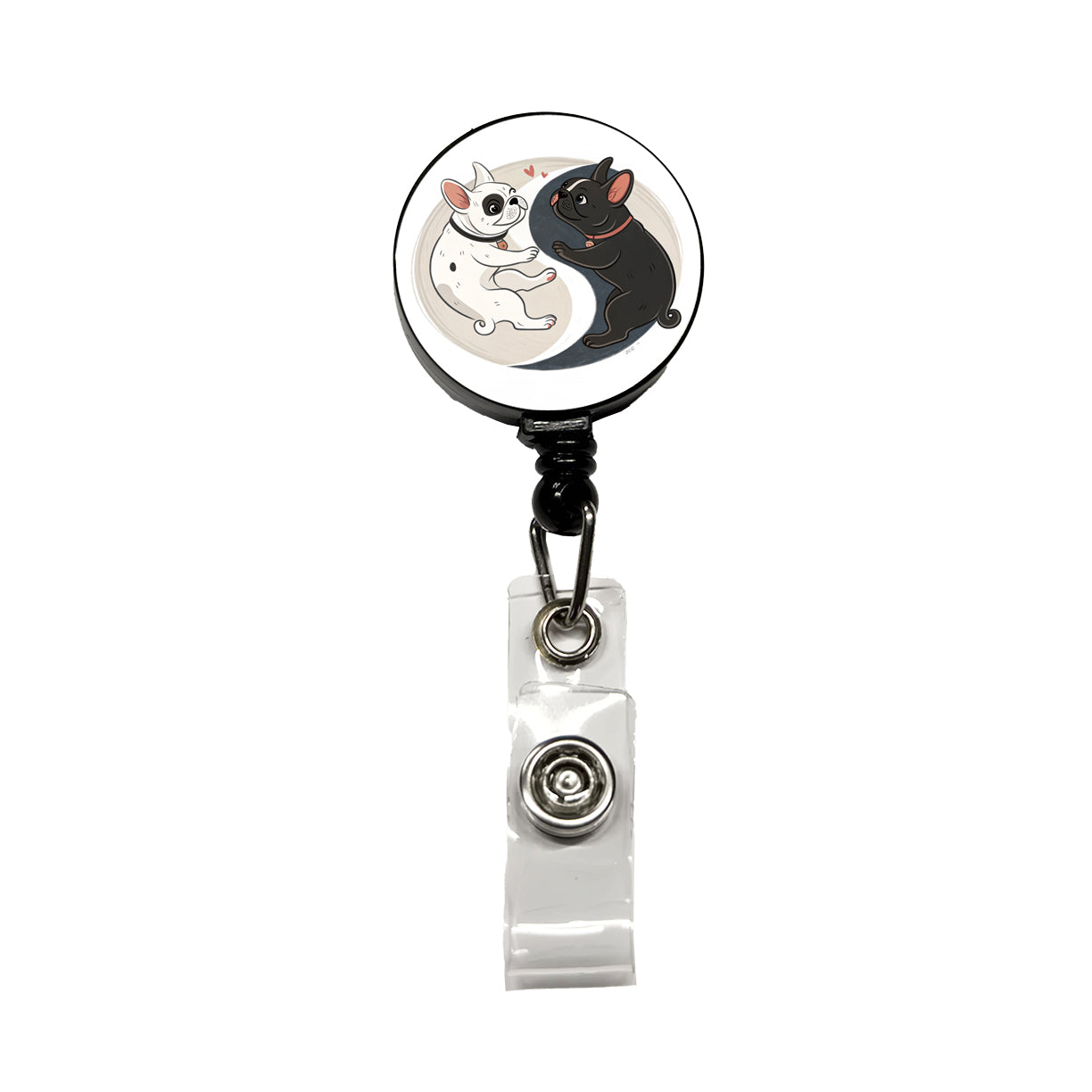 Two French Bulldogs Yin Yang Dark Light Retractable ID Key Card Name Tag Badge Holder with Clip