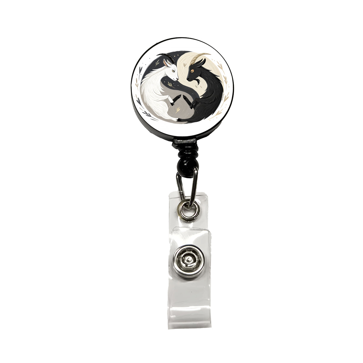 Two Goats Yin Yang White Black Retractable ID Key Card Name Tag Badge Holder with Clip