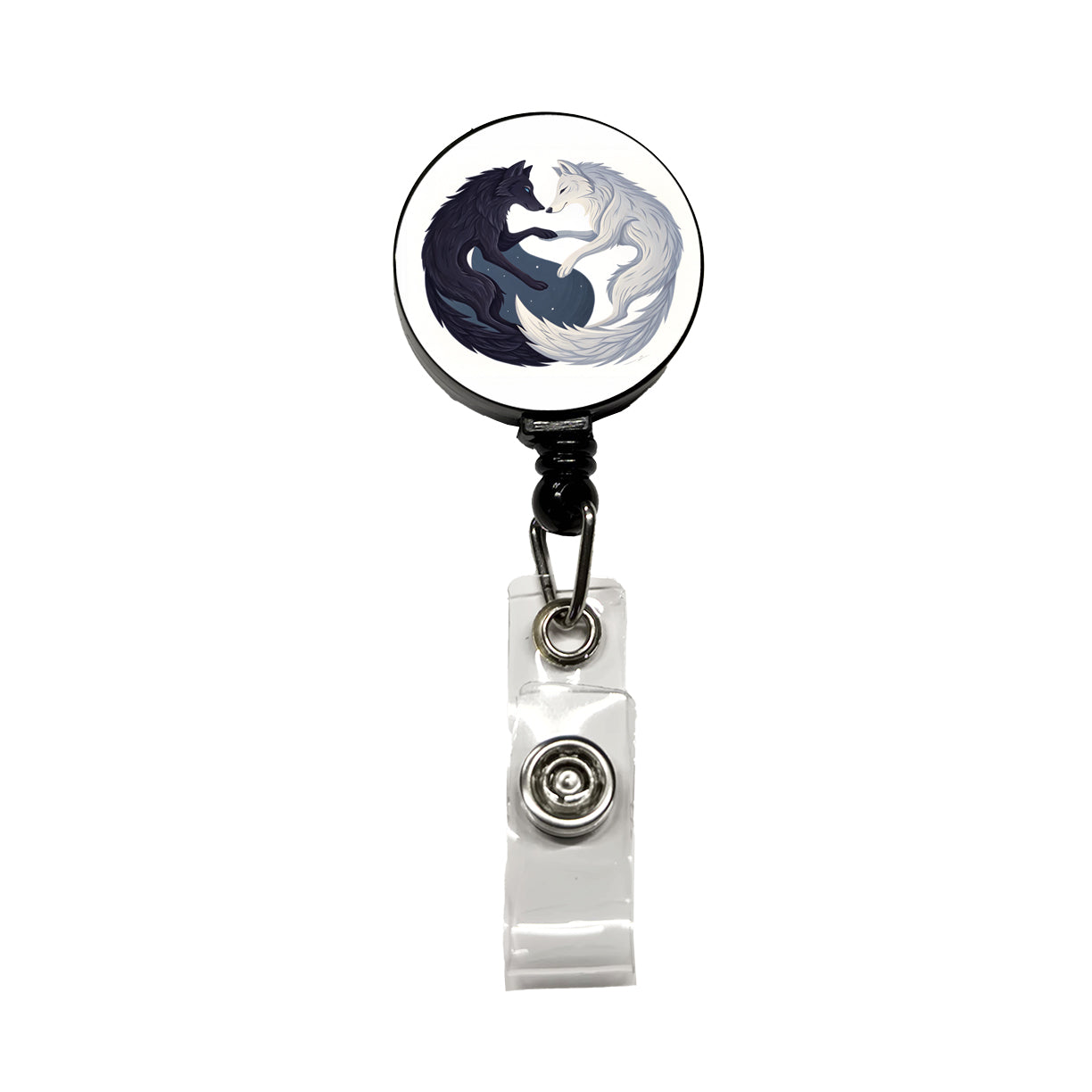 Two Wolves Yin Yang Black White Retractable ID Key Card Name Tag Badge Holder with Clip