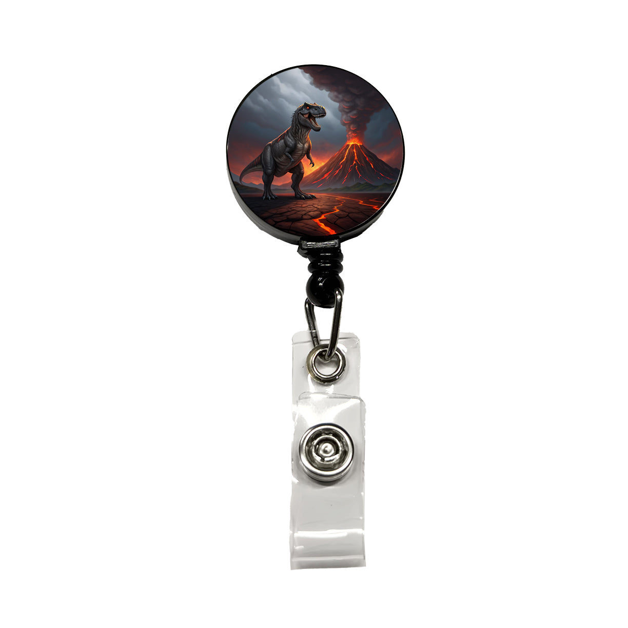 Tyrannosaurus T-Rex Dinosaur Volcano Erupting Retractable ID Key Card Name Tag Badge Holder with Clip