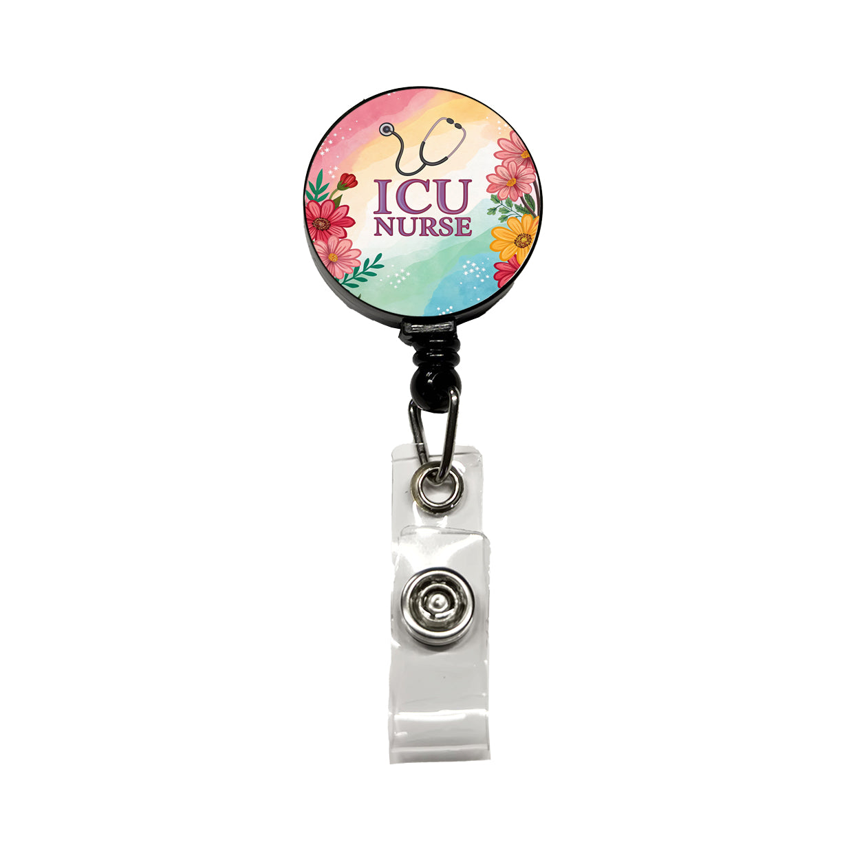 ICU Nurse Appreciation Stethoscope Flowers Floral Retractable ID Key Card Name Tag Badge Holder with Clip