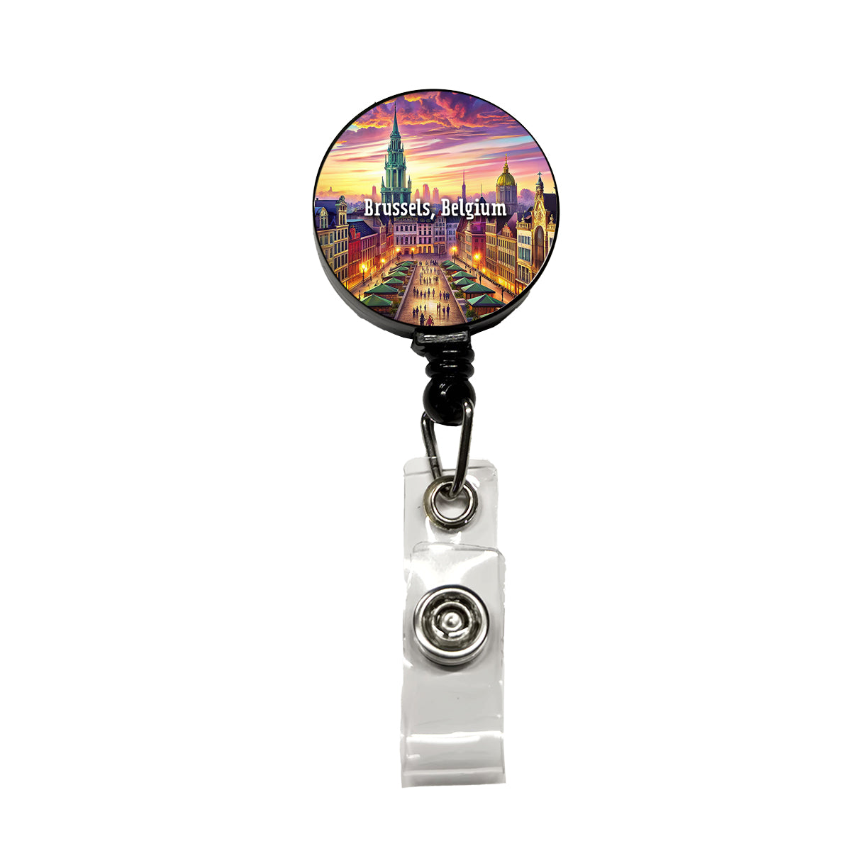 Brussels, Belgium Travel City Country Stamp Retractable ID Key Card Name Tag Badge Holder with Clip