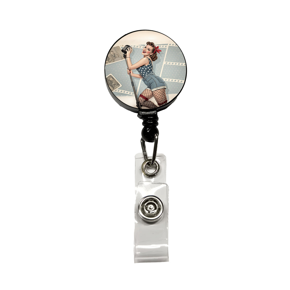 Rockabilly Retro 50's Pin-Up Girl Retractable ID Key Card Name Tag Badge Holder with Clip