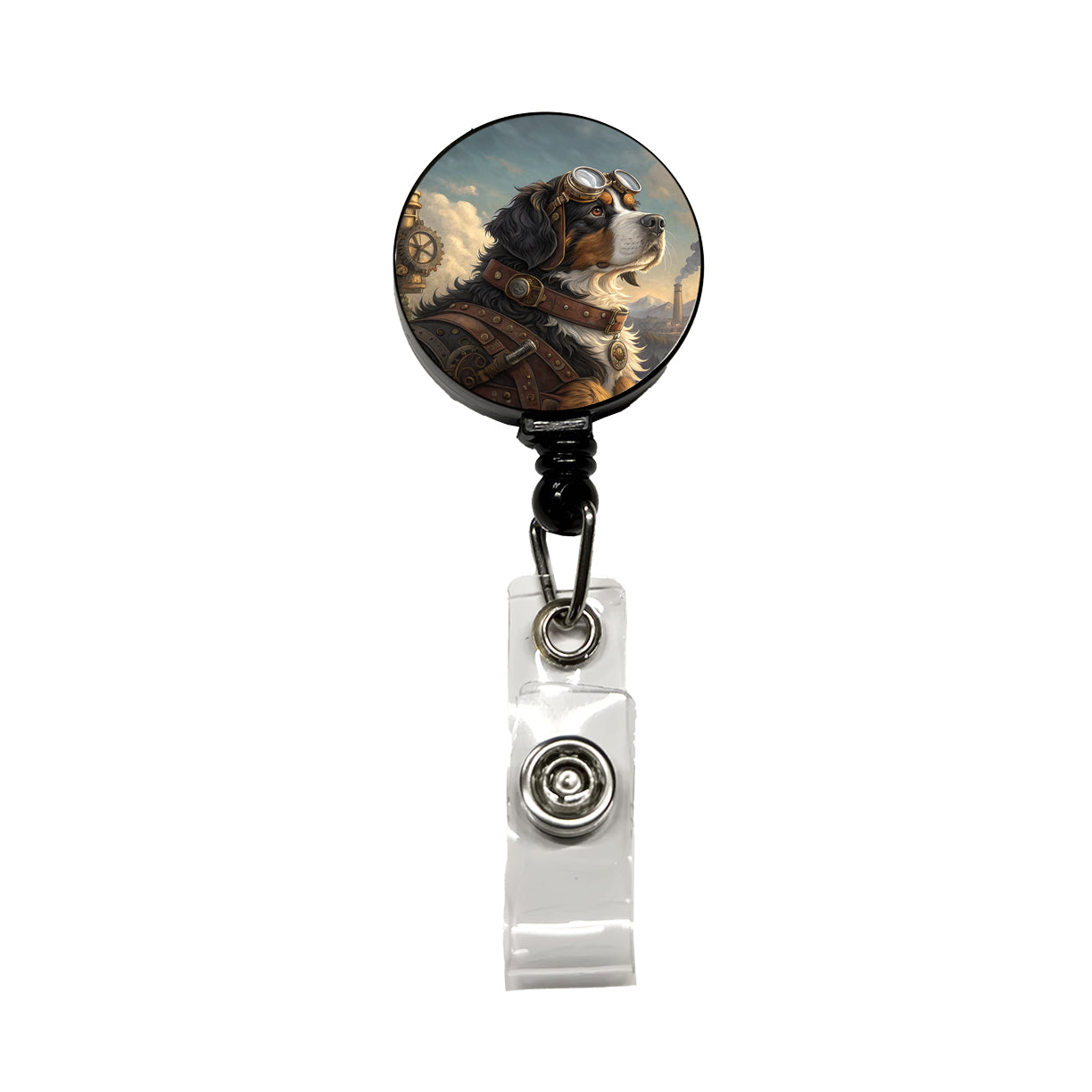 Bernese Mountain Dog Steampunk Retractable ID Key Card Name Tag Badge Holder with Clip