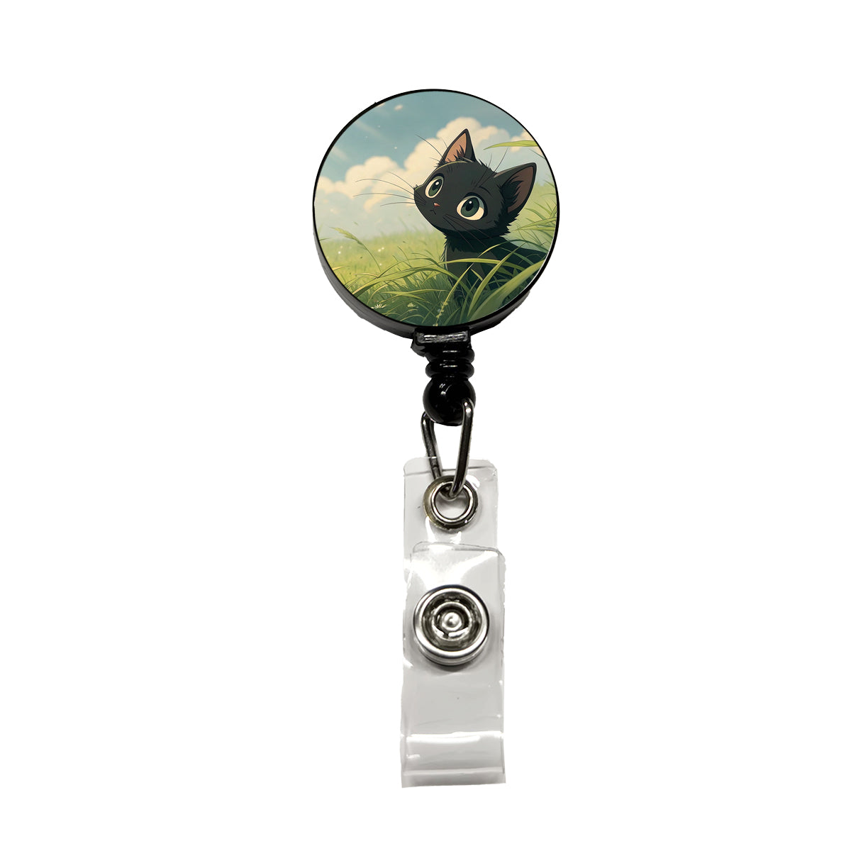 Black Kitten Cat in Field of Grass Anime Style Retractable ID Key Card Name Tag Badge Holder with Clip