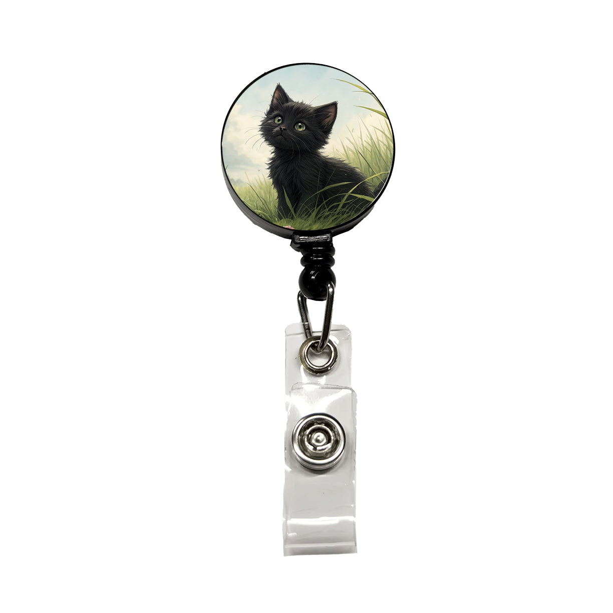 Black Kitten Cat in Field Retractable ID Key Card Name Tag Badge Holder with Clip