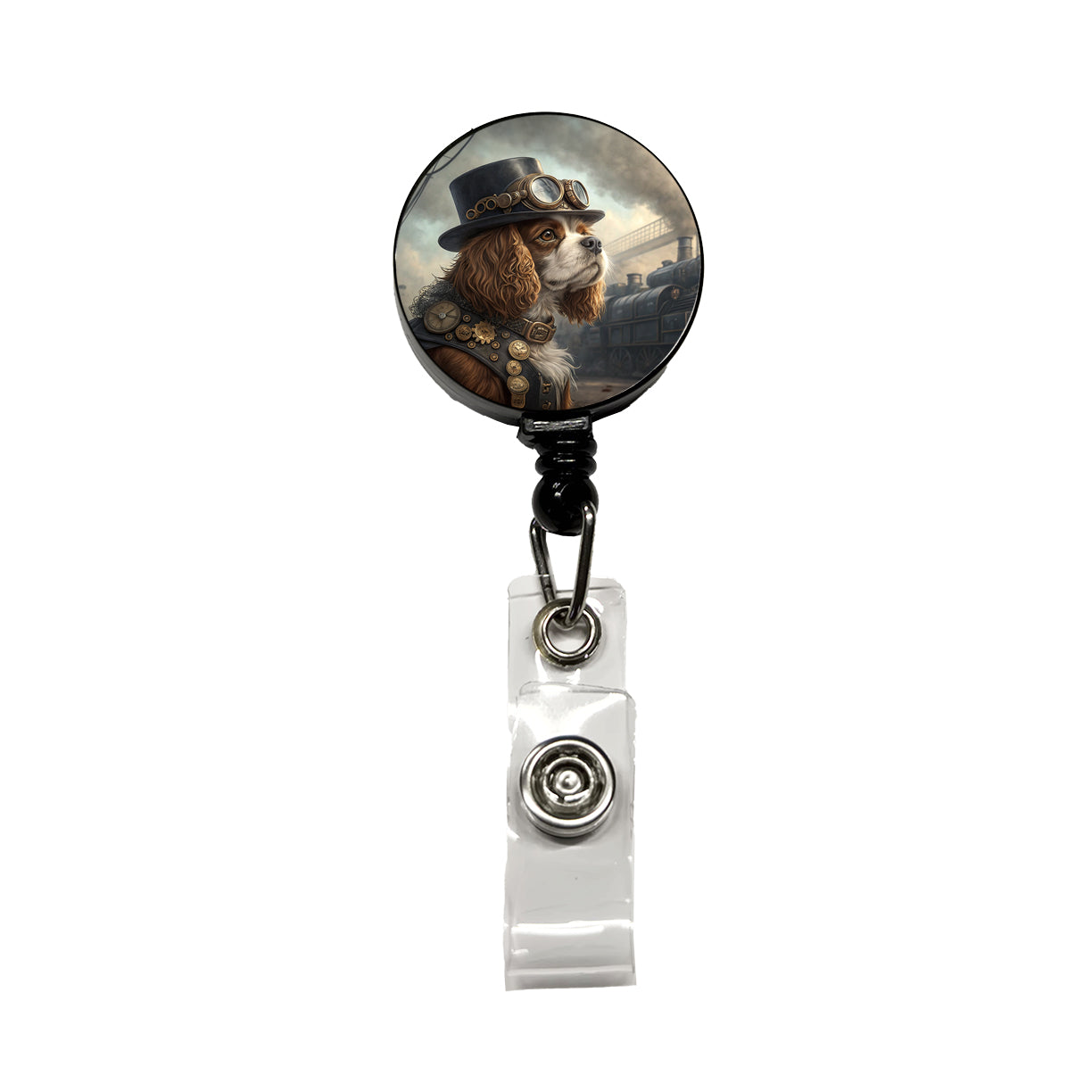 Cavalier King Charles Spaniel Dog Steampunk Retractable ID Key Card Name Tag Badge Holder with Clip