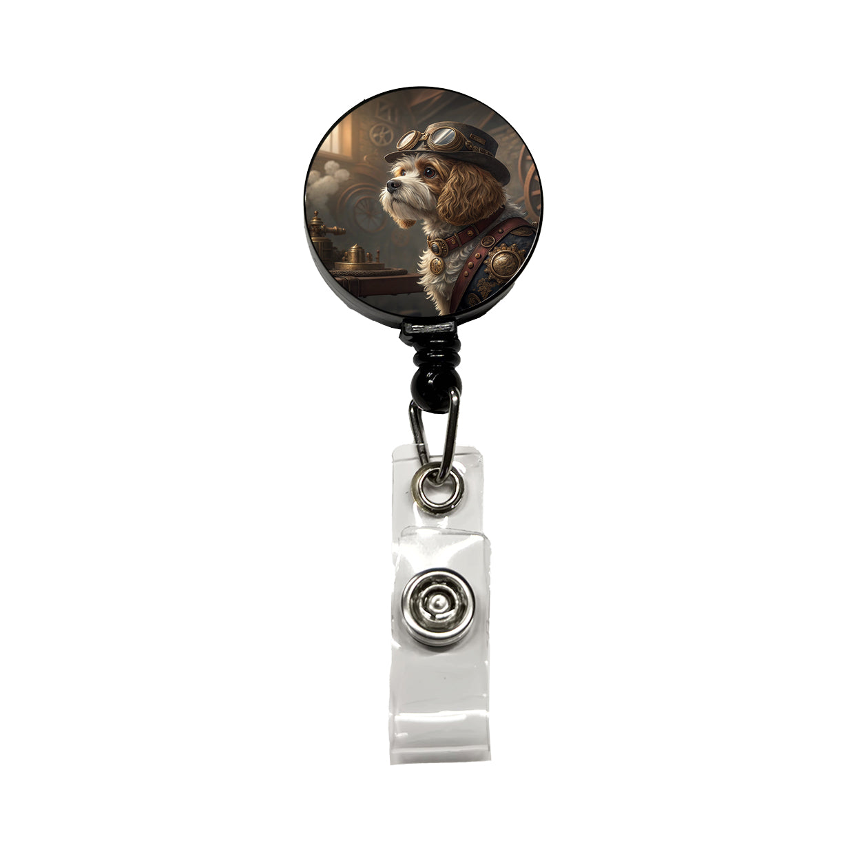 Cavapoo Dog Steampunk Retractable ID Key Card Name Tag Badge Holder with Clip
