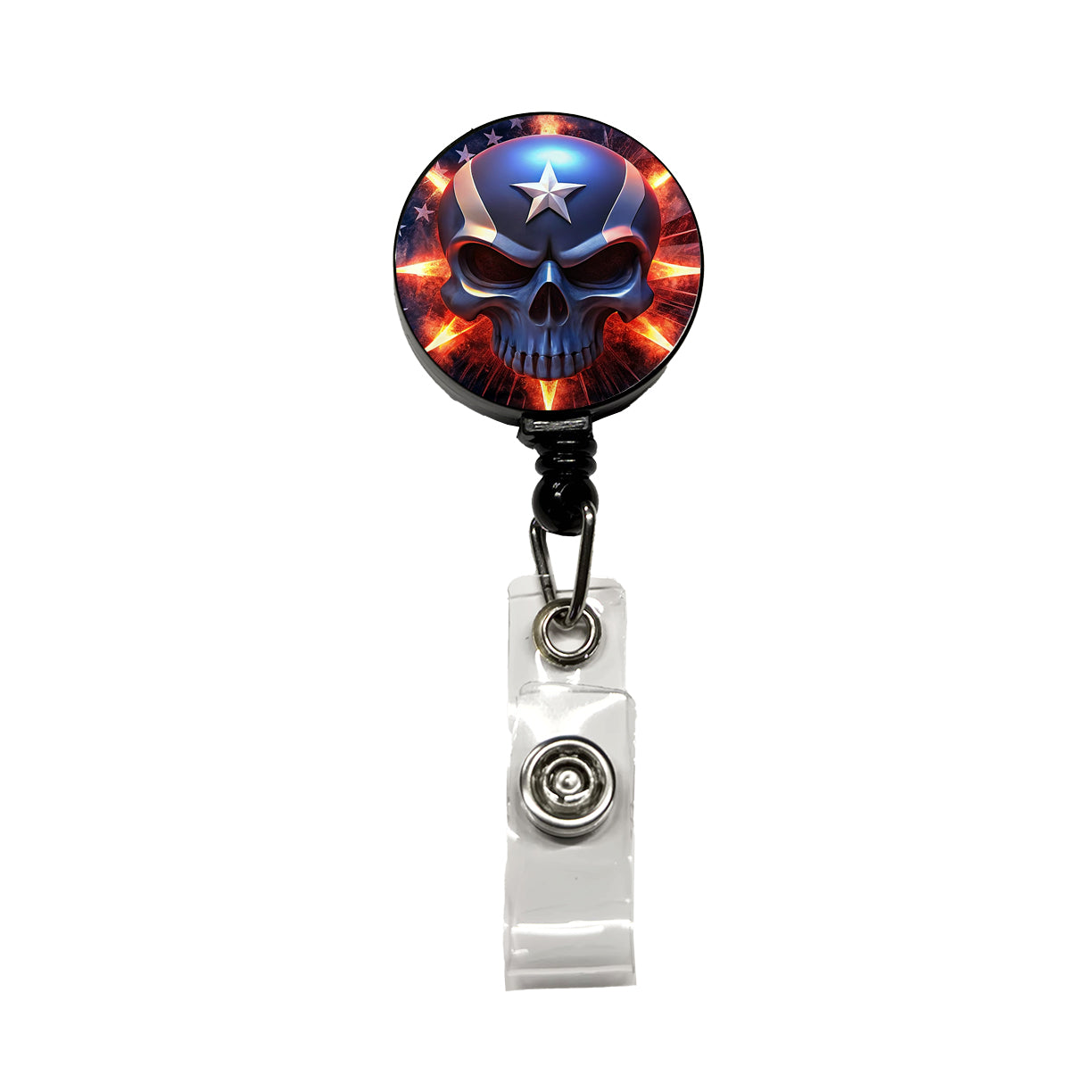 Patriotic Skull And American Flag Retractable ID Key Card Name Tag Badge Holder with Clip