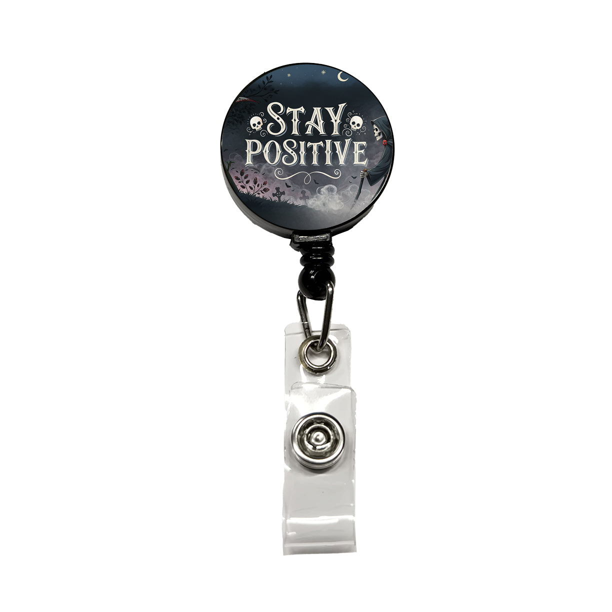 Stay Positive Funny Grim Reaper Death Cartoon Retractable ID Key Card Name Tag Badge Holder with Clip