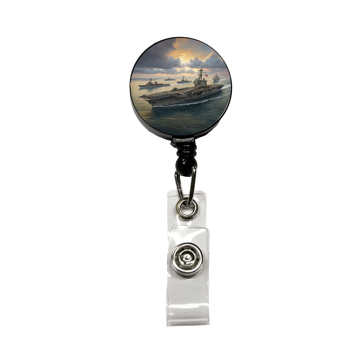 US Navy Carrier Strike Group At Sea Illustration Retractable ID Key Card Name Tag Badge Holder with Clip
