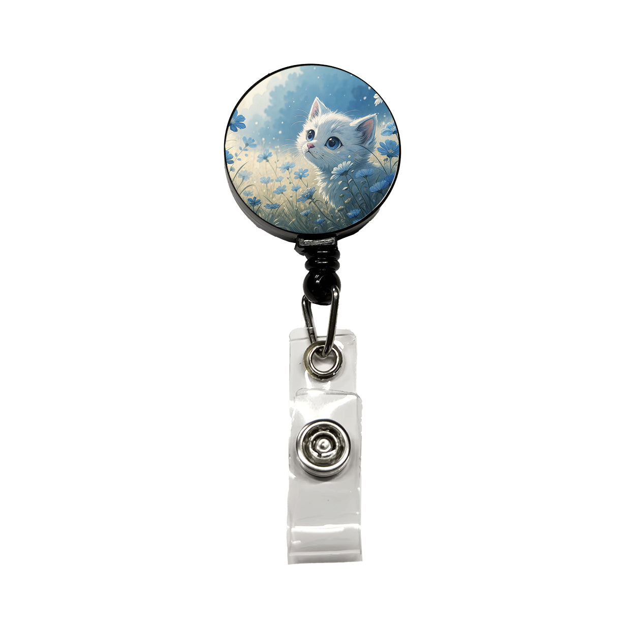White Kitten in Field Of Blue Flowers Anime Style Retractable ID Key Card Name Tag Badge Holder with Clip