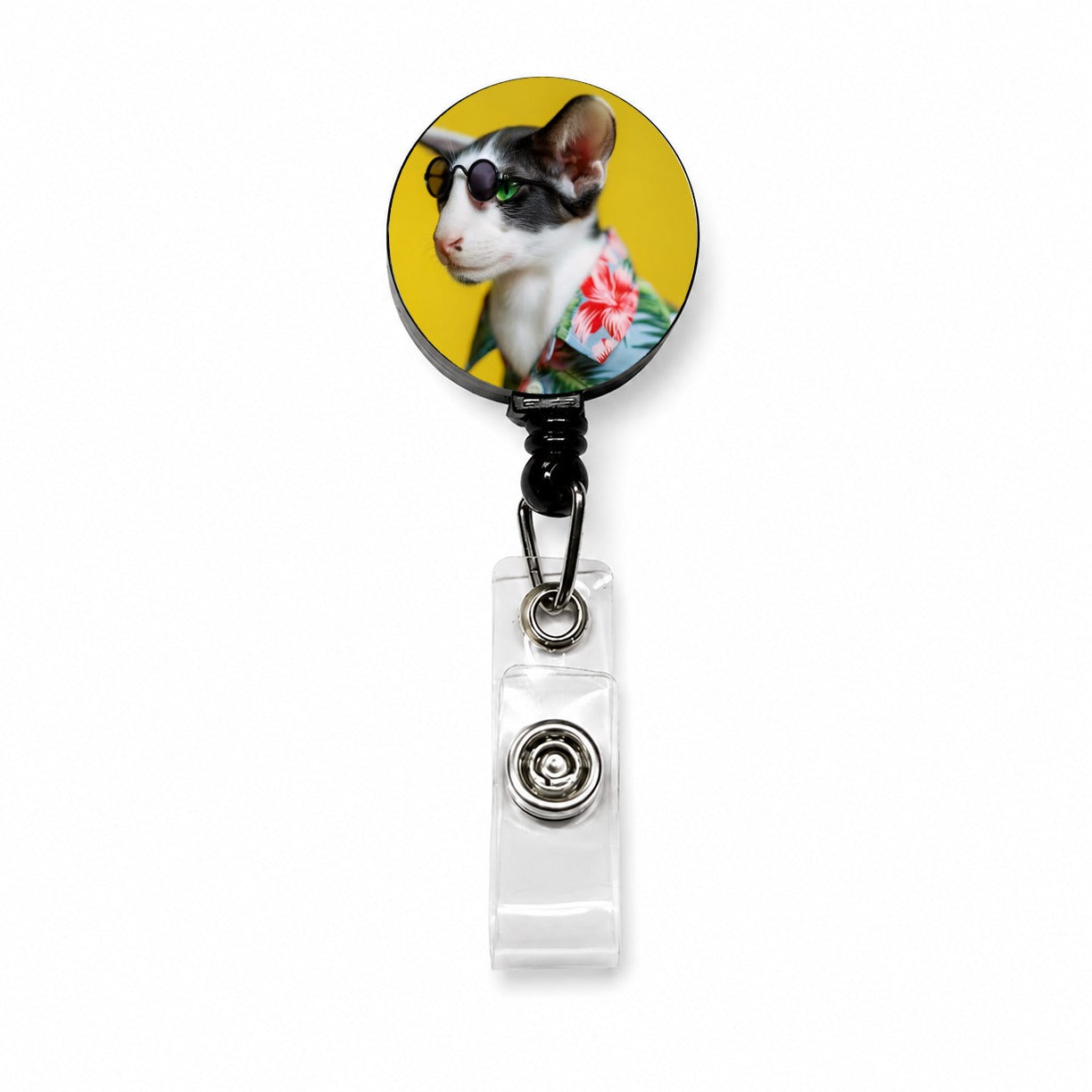 Funny Cat With Glasses And Hawaiian Shirt Retractable ID Key Card Name Tag Badge Holder with Clip