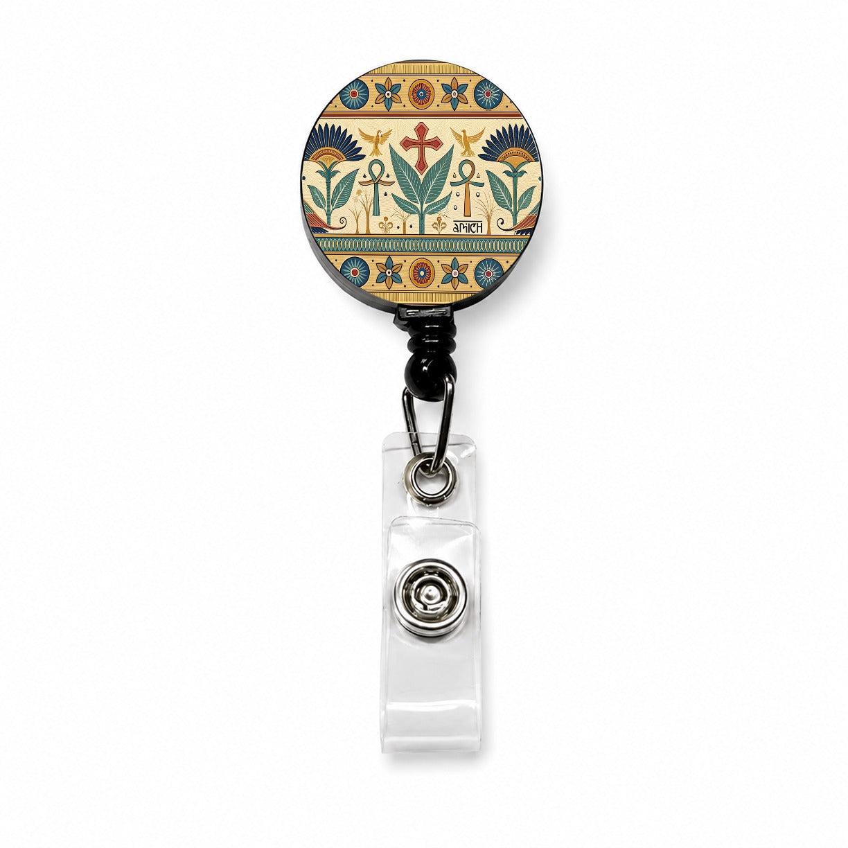 Ancient Egyptian Pattern Ankh Retractable ID Key Card Name Tag Badge Holder with Clip