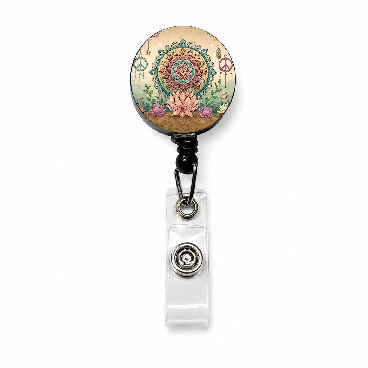 Hippie Yoga Peace Mandala Flower Retractable ID Key Card Name Tag Badge Holder with Clip