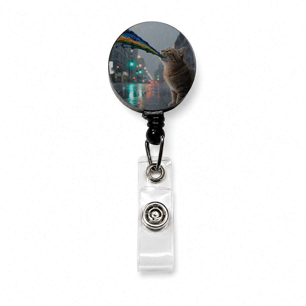 Cat Puking Rainbow Funny Retractable ID Key Card Name Tag Badge Holder with Clip