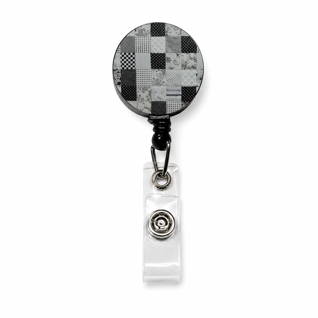 Patchwork Quilt Black White Retractable ID Key Card Name Tag Badge Holder with Clip