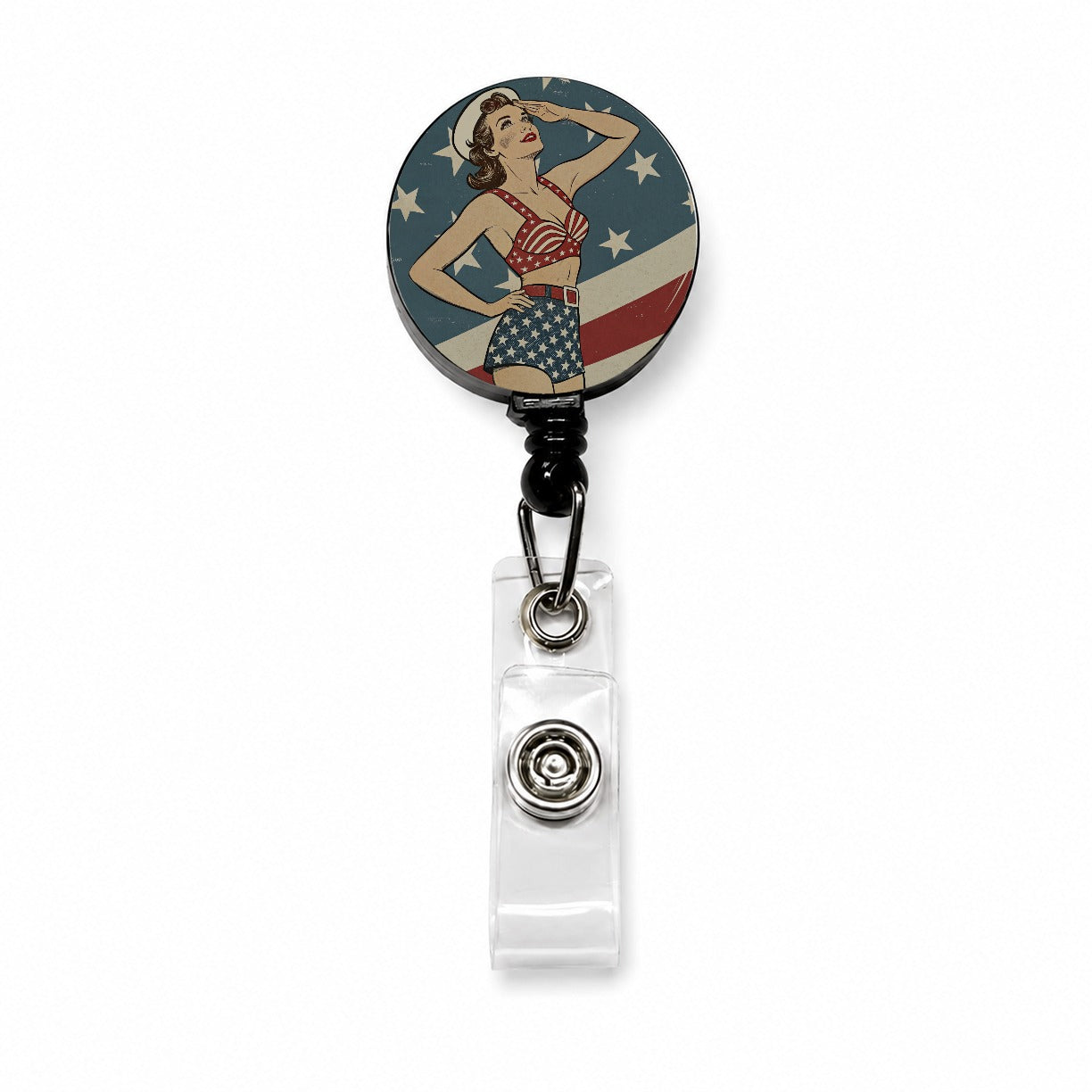 Vintage American Flag Pinup Woman Retractable ID Key Card Name Tag Badge Holder with Clip
